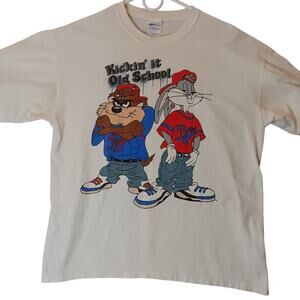 Gildan Ultra Cotton Vintage Tee L White Looney Tunes Tasman & Bugs Old School
